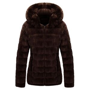 Brown Double Sided Faux Fur Puffer Jacket Hooded-Fur